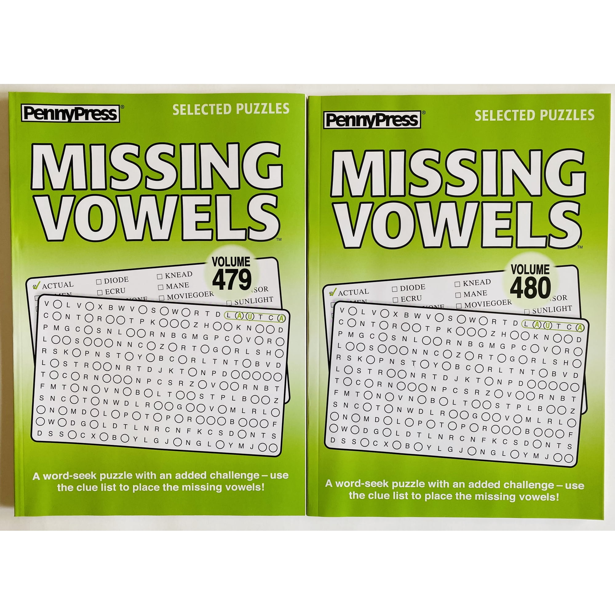 Volumes 479 and 480 of the Missing Vowels Word Search Seek Find from the Penny Press Selected Puzzles Series Variety