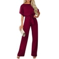 thumbnail image 2 of Huankd Womens Summer Casual Short Sleeve Pants Suit Beach Vacation Romper Belted Dressy Wedding Guest Jumpsuit Jumper Wine 3XL, 2 of 5