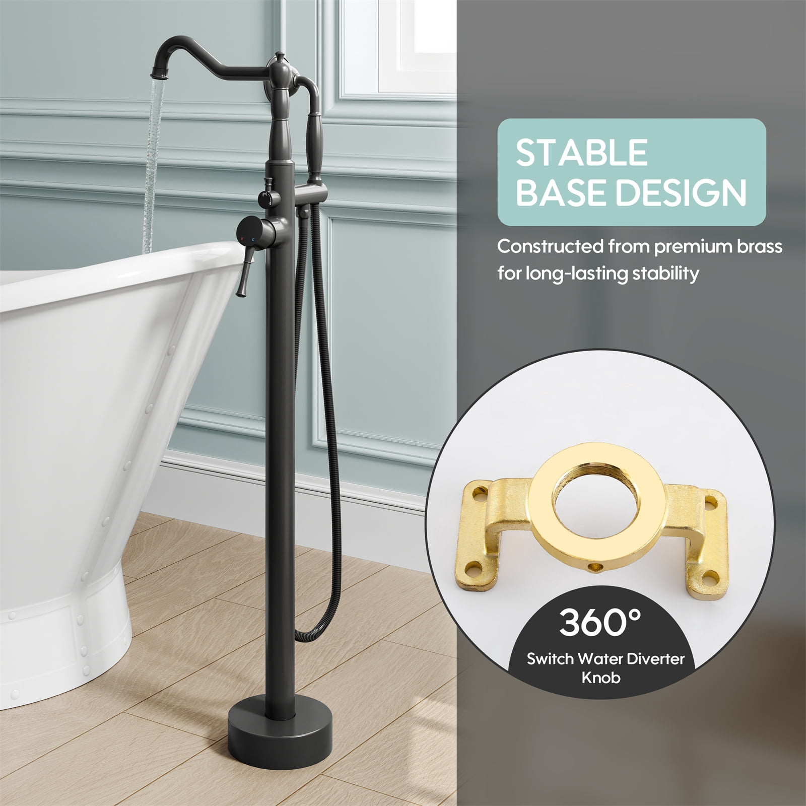 ANGELES HOME Freestanding Tub Faucet with Handheld Shower, Floor Mount Bathtub Filler, Roman Bathtub Faucet with Swivel Spout Brass Rough-in and Water Hose, Matte Black