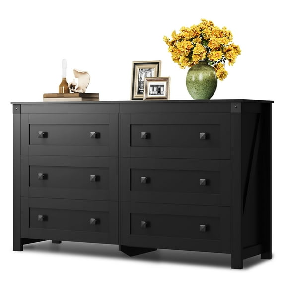 GALAXHERO Farmhouse Black 6 Drawer Wood Dresser, 53.07" Wide Chest with Double Rustic Handles, TV Stand for 60" TV, Clothes Organizer for Bedroom & Living Room