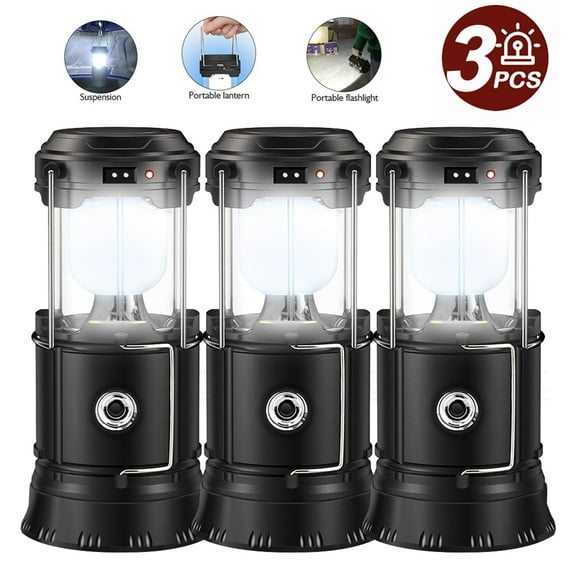 3 Pack Solar USB Rechargeable Brightest COB LED Camping Lantern , Charging for Android, Waterproof Collapsible Emergency LED Light - Black