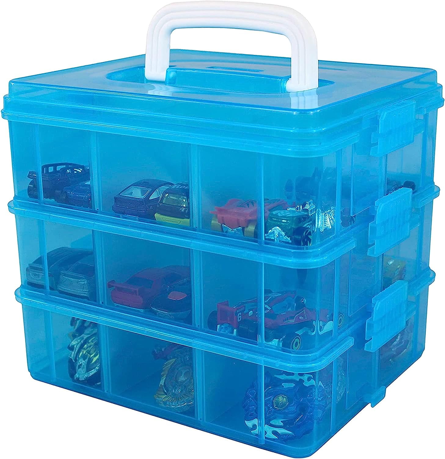 Craft Storage Container, 3-Tier Stackable Storage Container with 18 Adjustable Compartments for Art Supplies, Beads, Washi Tapes, Seed, Hair Accessories, Nail - Blue