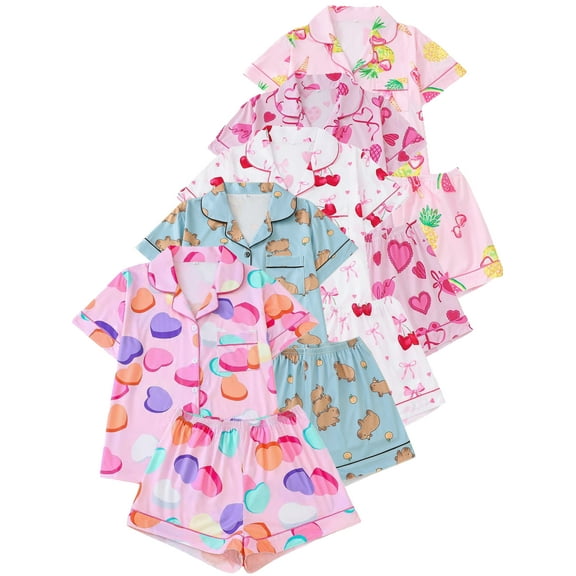 ATAIKU S-XXL Valentine's Day Womens Pajamas Set Love Heart Short Sleeve Button Down Sleepwear Top and Shorts 2 Piece Pjs