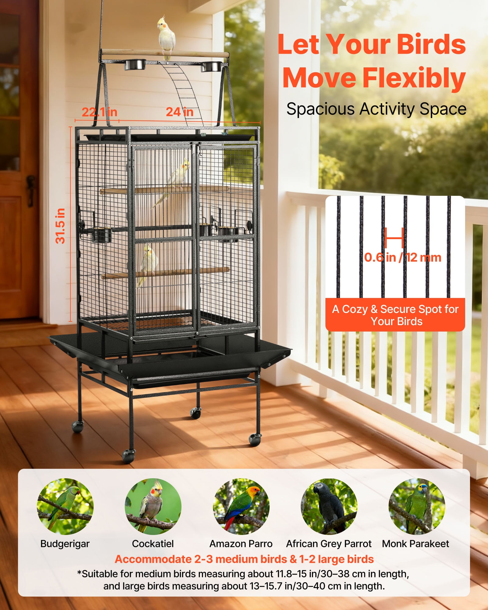 VEVOR Bird Cage, 32.7 x 31.1 x 82.7 inch, Open Flat Top, Wrought Iron Bird Flight Cage with Perches, Slide-Out Tray, Plastic Feeders, for Cockatiel, Monk Parakeet, African Grey Parrot