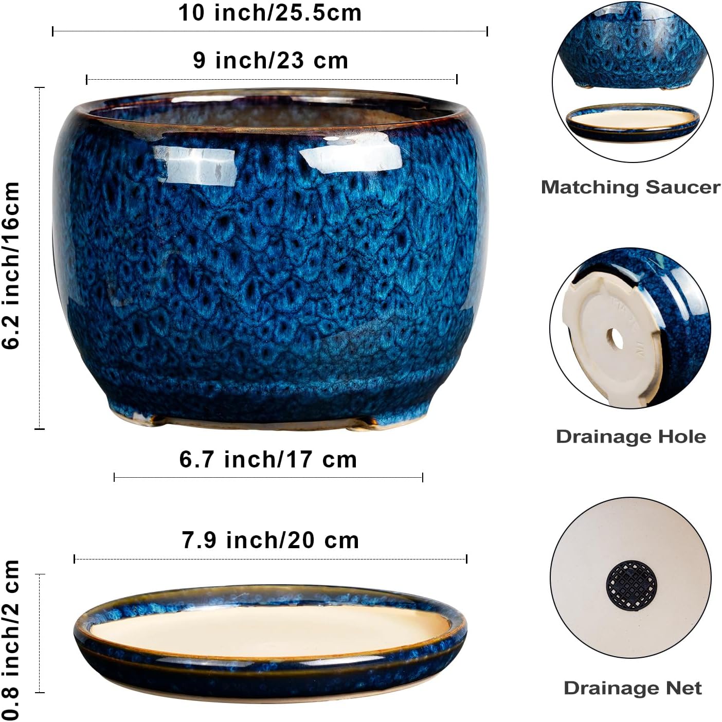 10 Inch Plant Pot - Ceramic Planter Pot with Drainage Hole and Saucer, Decorative Plant Pot for Indoor Outdoor Plants, Round Large Planter Flower Pot, Blue