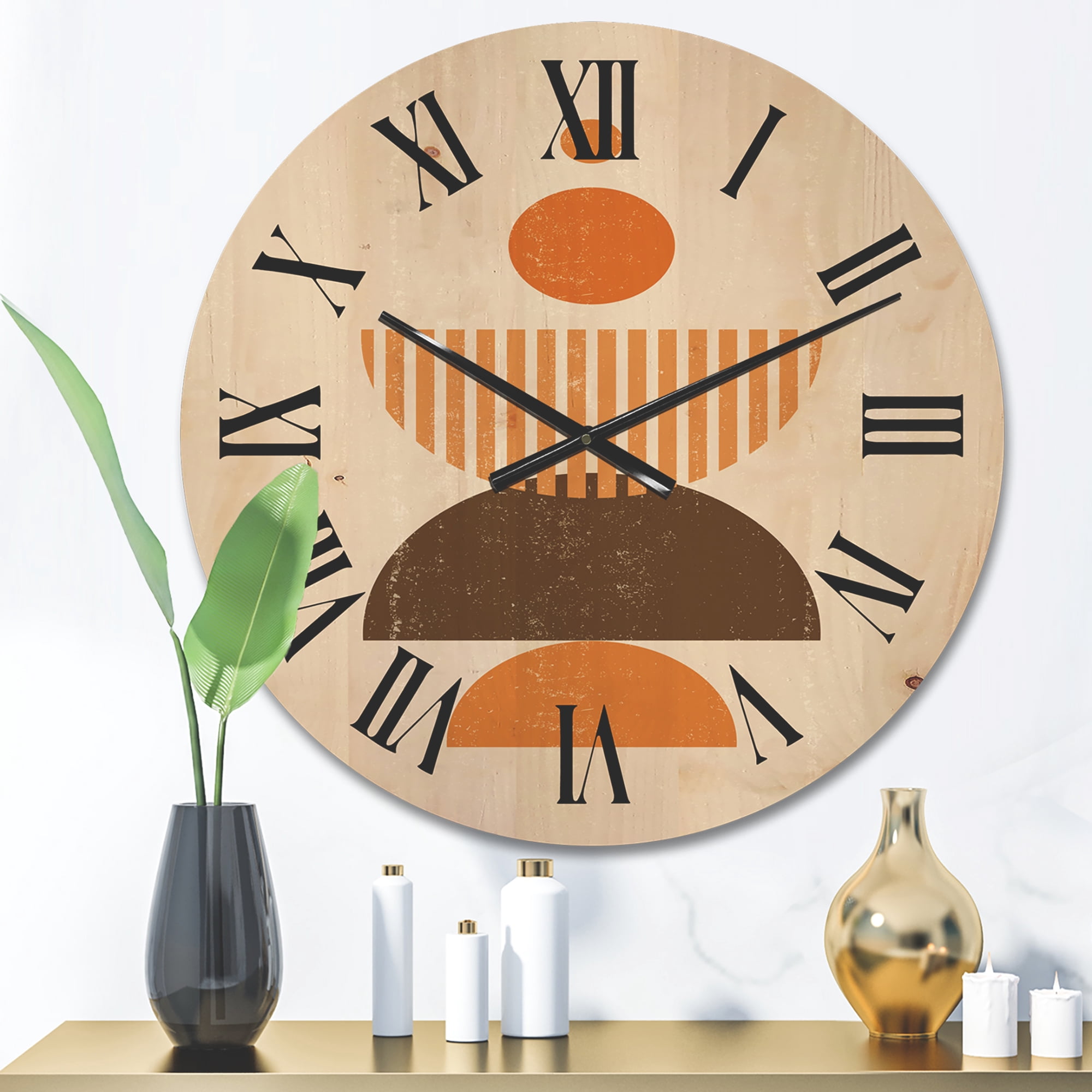 Designart 'Abstract Minimal Moon and Sun In Earth Tones I' Modern Wood Wall Clock