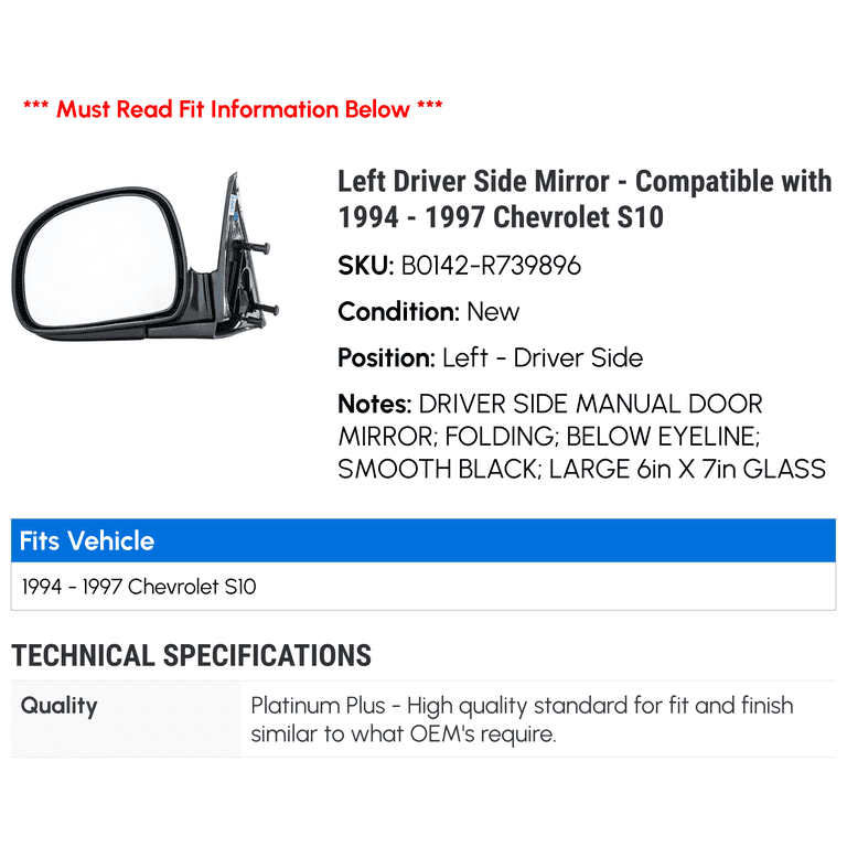 Pair Manual Side Mirrors – 1994-1997 Chevy S10 Blazer GMC Sonoma, Black, Bolt-On, OE 15150849/15150850