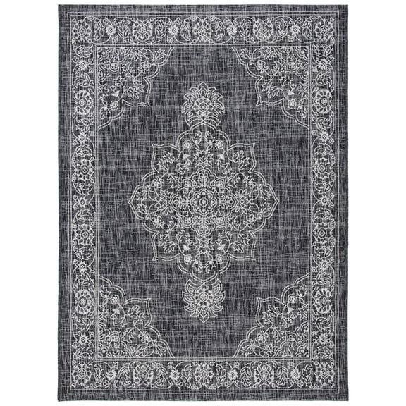 SAFAVIEH Courtyard Lynna Medallion Indoor/Outdoor Area Rug, Black/Grey, 4’ x 5’7”
