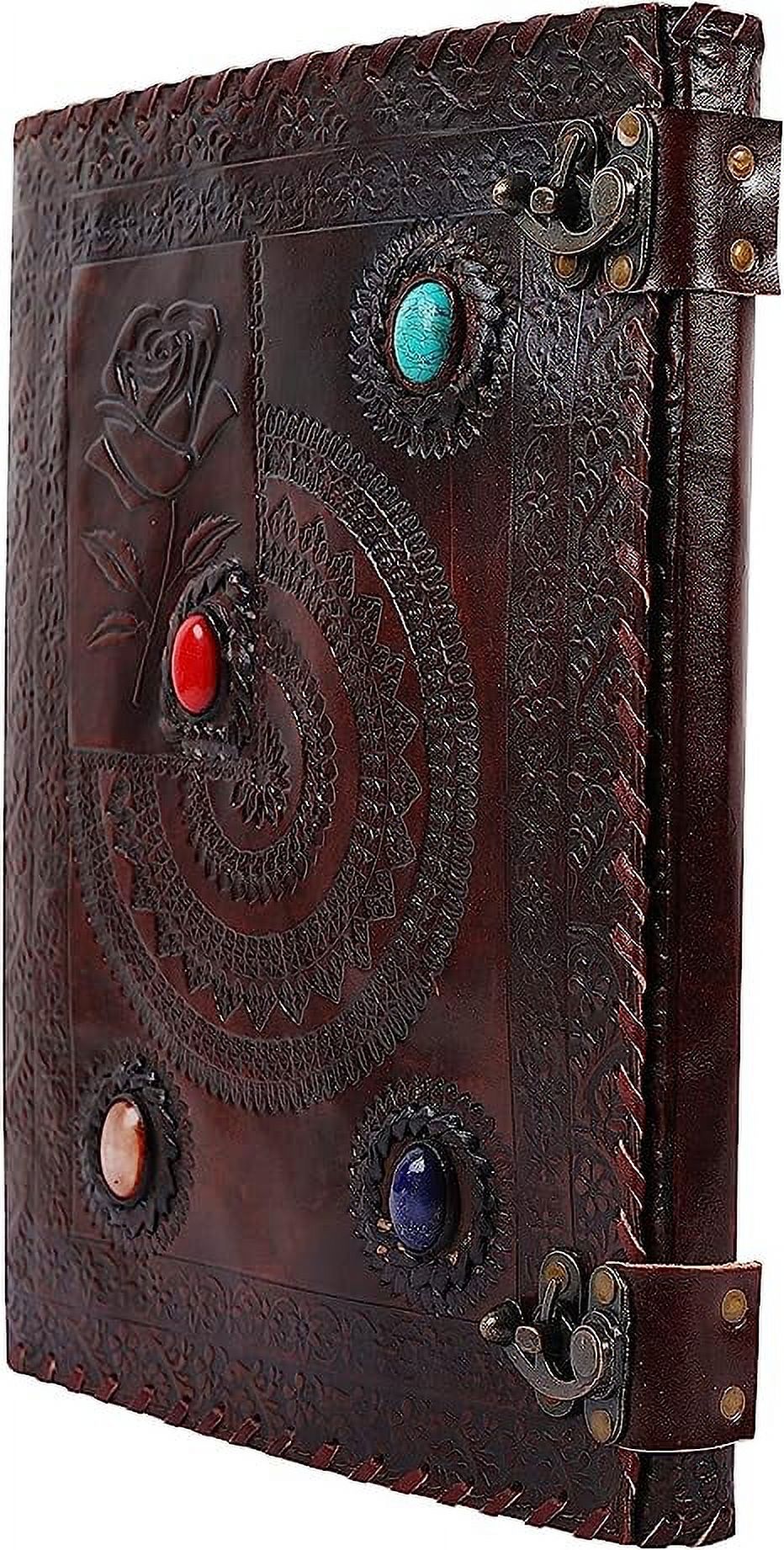 OVERDOSE Rose Chakra with 4 Stone Vintage Leather Journal - Handmade Antique Journal For Students & Office For Men Women Diary Leather Sketchbook Drawing - Size 10 X 13 Inches | 25 X 33 cm