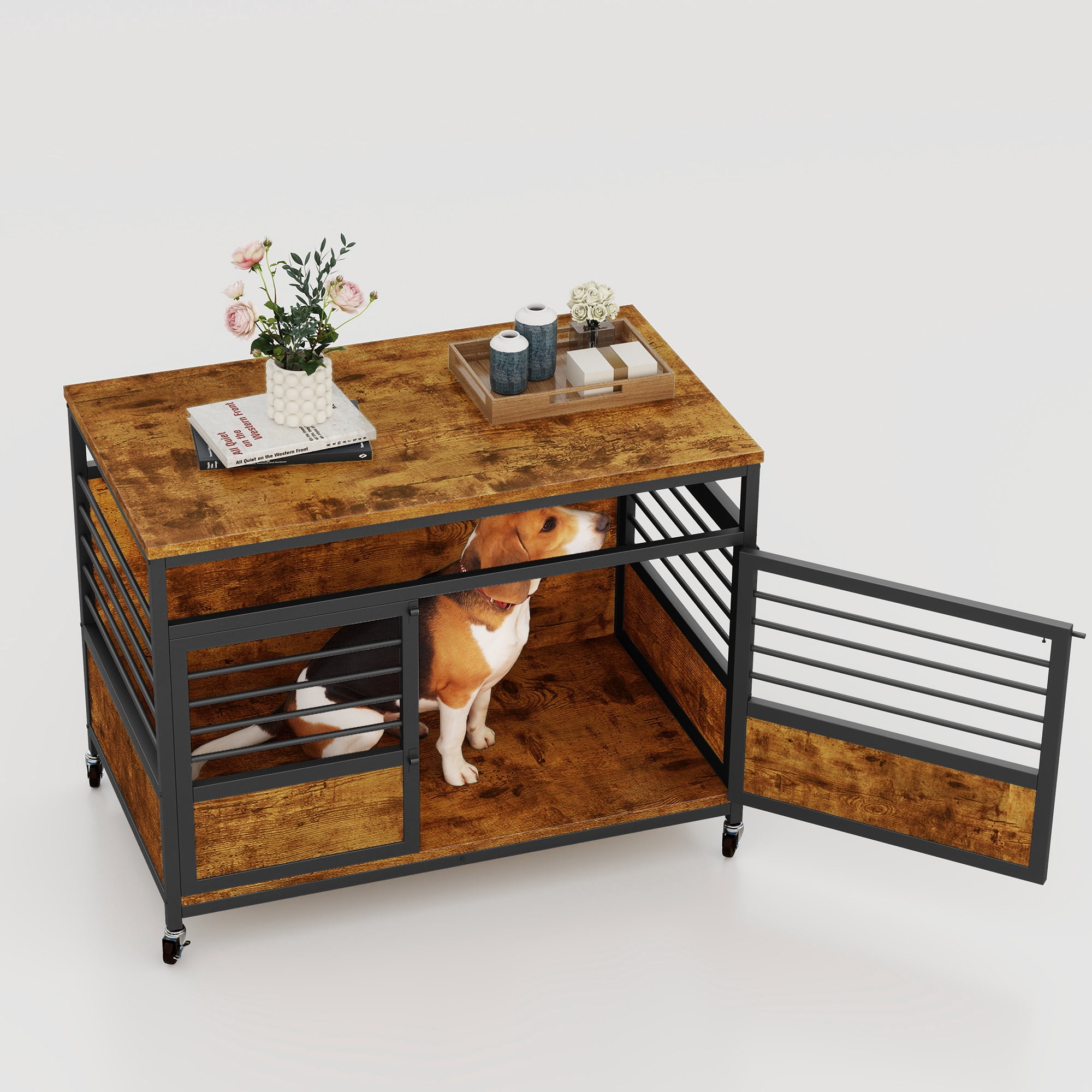 Uforic 2-in-1 Dog Crate Furniture with Wheels, 39.4" Wooden Dog Kennel,End Table, Rustic Brown