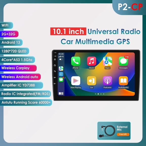 10.1" Touch Screen Android 13 Apple Carplay Bluetooth 2 32GB Universal Auto Car Stereo Radio Head Unit GPS Navigation Player