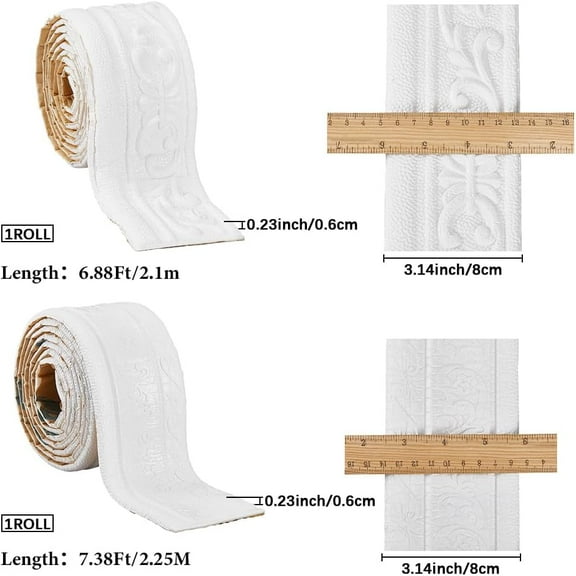 2 Rolls 171 Inch Wallpaper Border Peel and Stick Wall Molding Trim Self-Adhesive Flexible 3D Wall Edging Lines XPE Foam Baseboard Base Moulding Trim for Home Hotel Mirror Decoration White