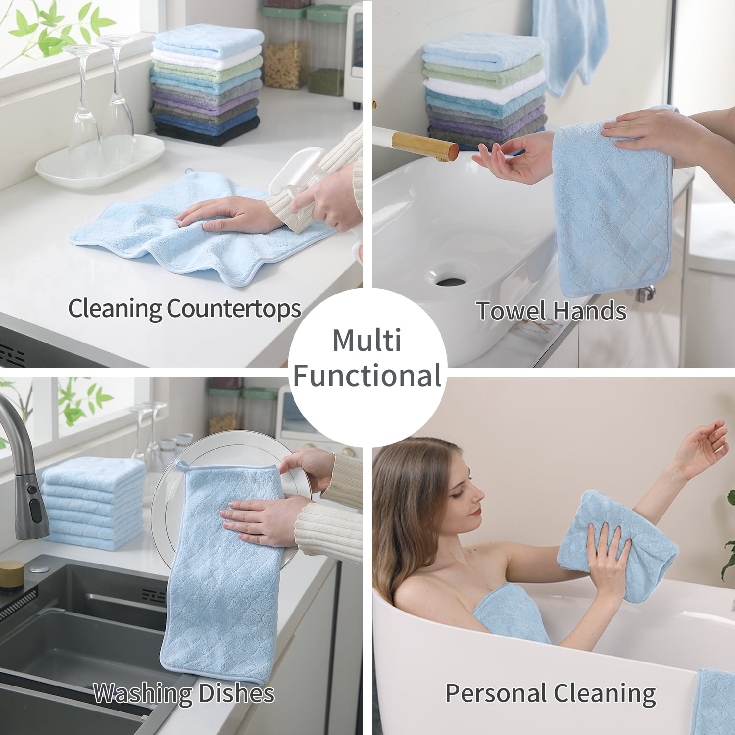 Jessy Home 24 Pack Blue Washcloths for Bathroom 13x13 Inch Ultra Soft Hand Face Towels