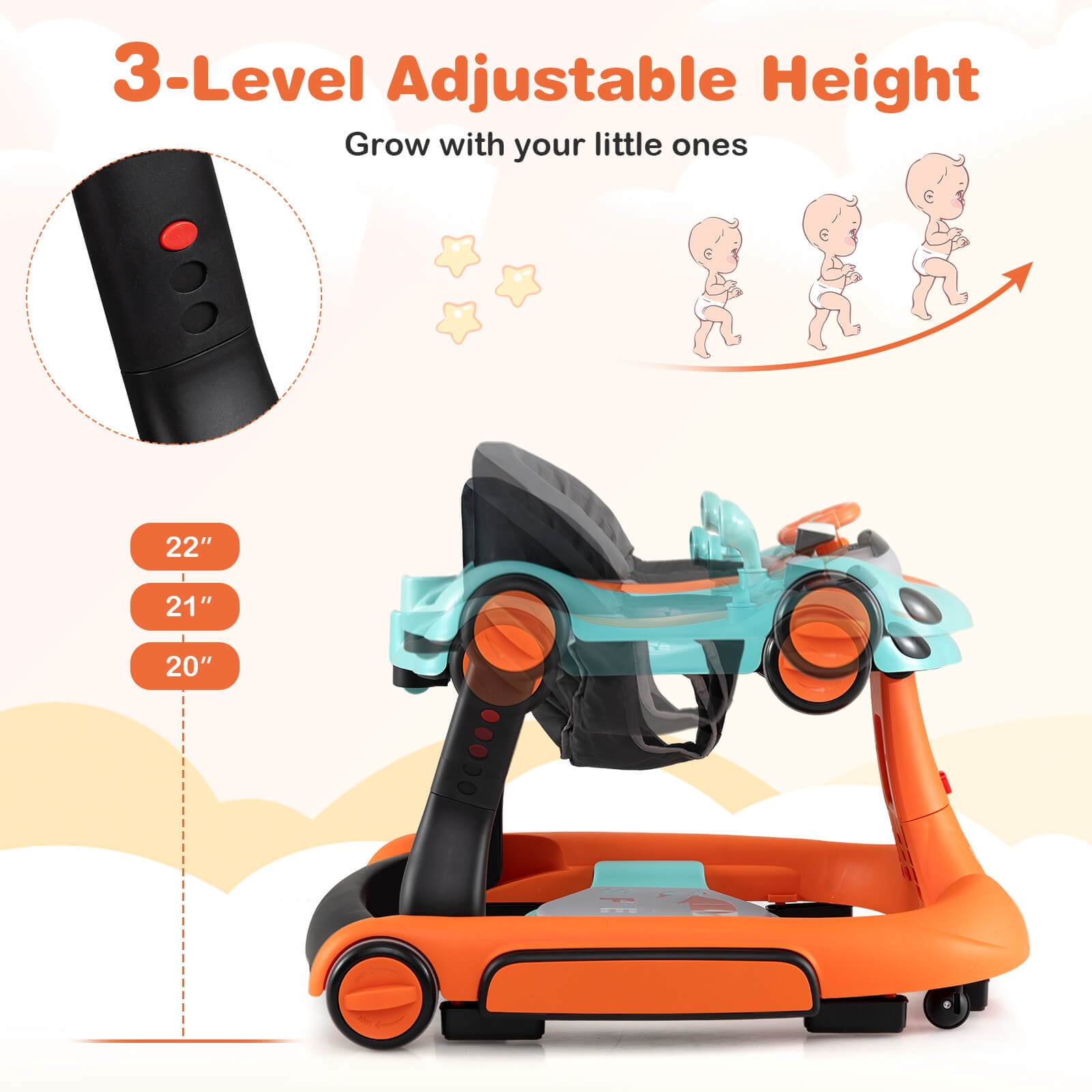 Babyjoy 6-in-1 Baby Walker with Canopy, Music, Lights, Speed/Height Adjustment & Wheels Green + Orange