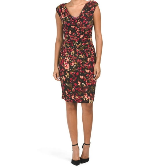 Anne Klein Women's Valerie Floral Print Cowl Neck Mini Dress-Black/Red / 6