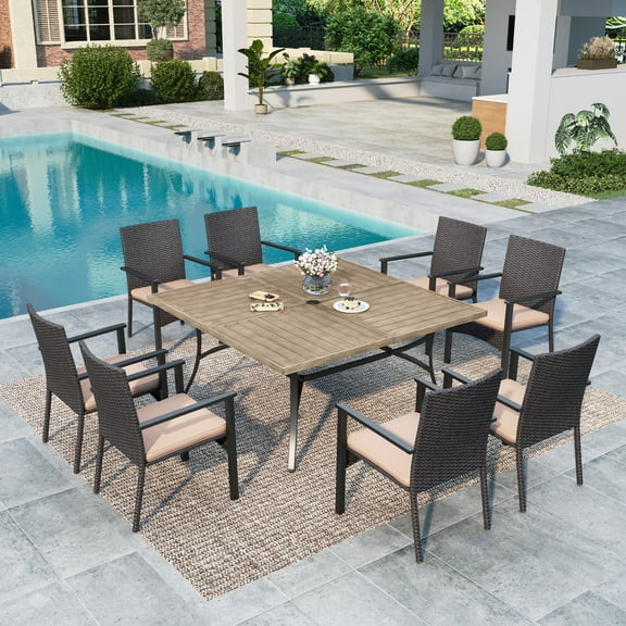 Summit Living 9-Piece Outdoor Dining Set with Wood Grain Table & Wicker Cushioned Chairs for 8-Person, Black & Beige