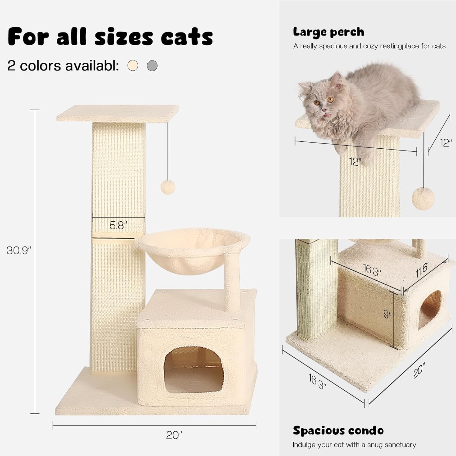 Cat Scratching Post with Perch, Sisal Cat Scratchers for Indoor Cats, Large Cat Scratching Post with Hammock & Fluffy Ball, 31 Inches Tall Cat Scratching Tower, Beige