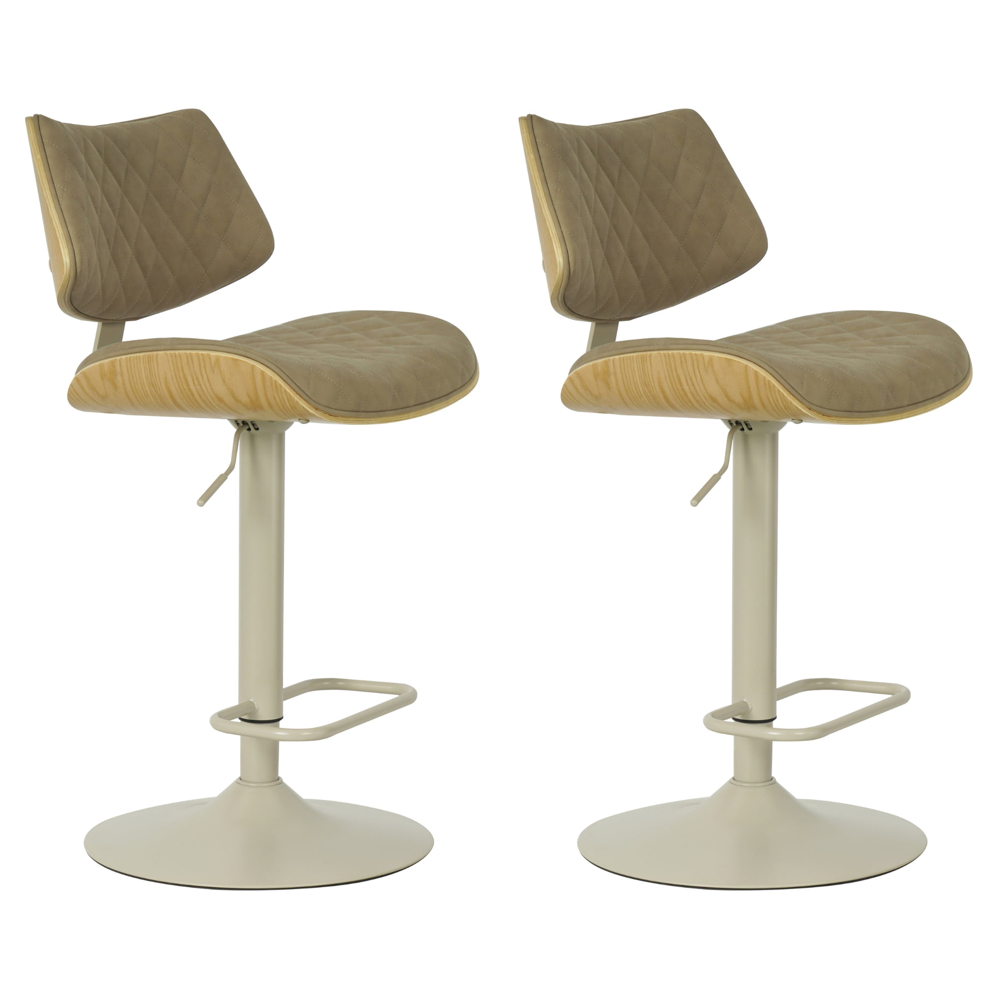 Leland Adjustable Swivel Vintage Taupe Curved Back Wood Bar Stool with Faux Leather Seat Set of 2
