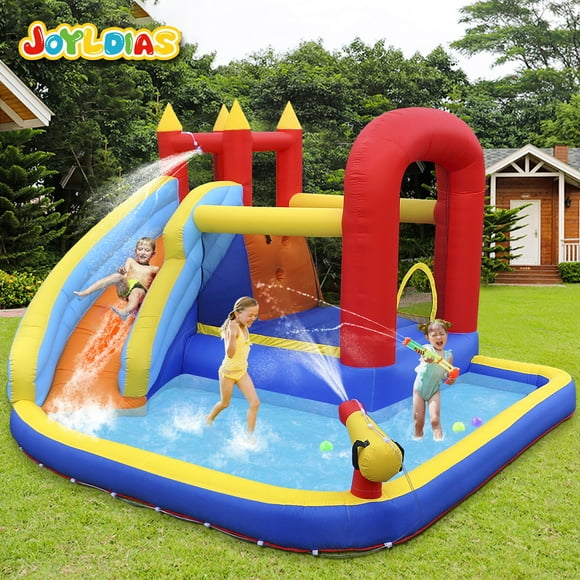 Joyldias Inflatable Water Slide Bounce House Playhouse with 4 Water Guns, Pool, Basketball Hoop, Air Blower, Bag