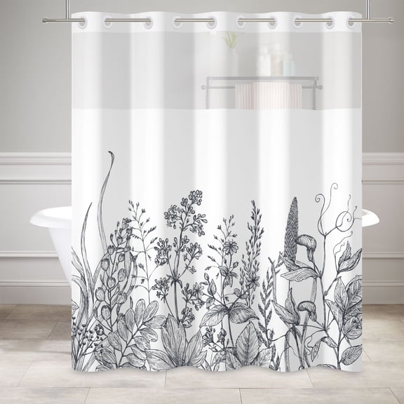 MIZHONA Vintage Grey Floral No Hooks Shower Curtains with Snap in Liner Black and White Fabric Bathroom Curtain,71"× 74"
