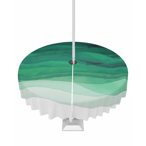 Outdoor Tablecloth with Umbrella Hole for Patio/Picnic/Party/Camping, Sage Green Waves Waterproof Table Cloth Round Cover Washable, Ombre Coastal Ocean Water Abstract Dia 54"