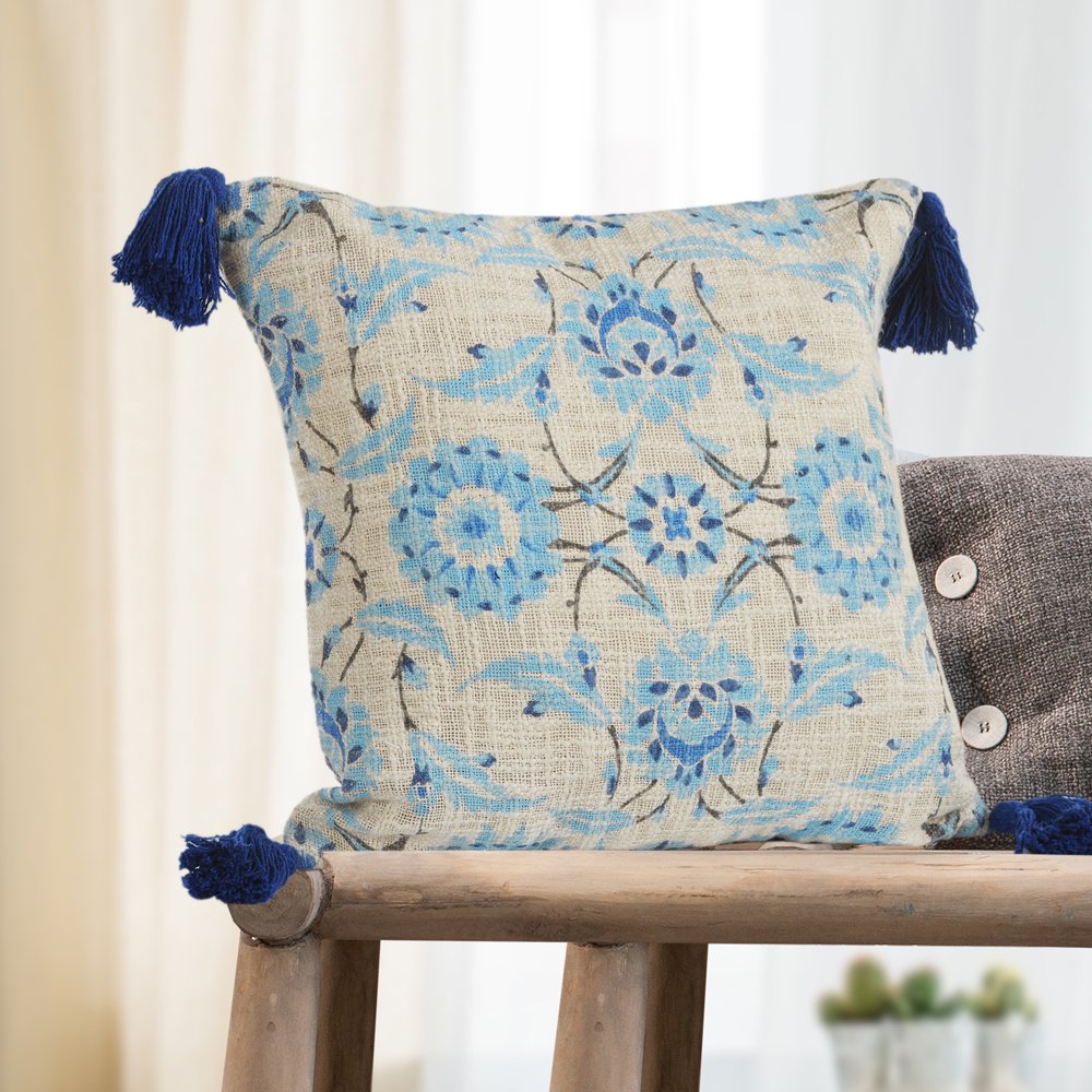 LR Home Floral Tassels Cotton Light Blue Aqua Decorative Throw Pillow