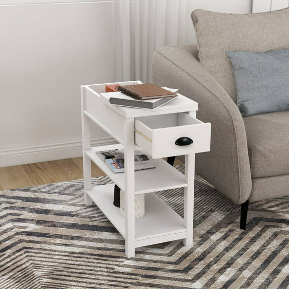 Gzxs Sofa Side Table Narrow End Desk with Drawer and Open Shelf, Flip Top Design for Bedroom Living Room, White
