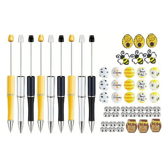 Plastic Beadable Pens Print Bee Pens Spacer Beads DIY Ballpoint for Women Office Craft