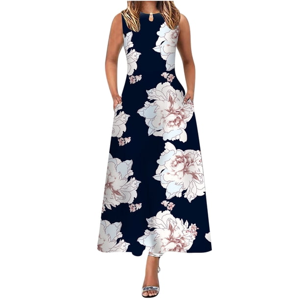 Vestido de mujer sin mangas con cuello redondo y bolsillo floral vintage grande OAVQHLG3B Store lin121212