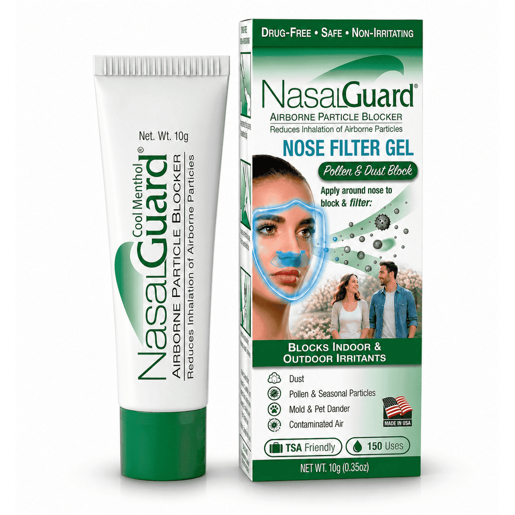 NasalGuard Airborne Particle Blocker Gel | Filters & Helps Block Pollen, Dust & Irritants | Indoor & Outdoor Use, Travel & Work | Drug-Free, Alcohol-Free | 150+ Uses (Cool Menthol, 10g)