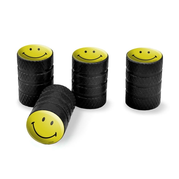 Smiley Smile Happy Yellow Face Tire Rim Wheel Aluminum Valve Stem Caps - Black