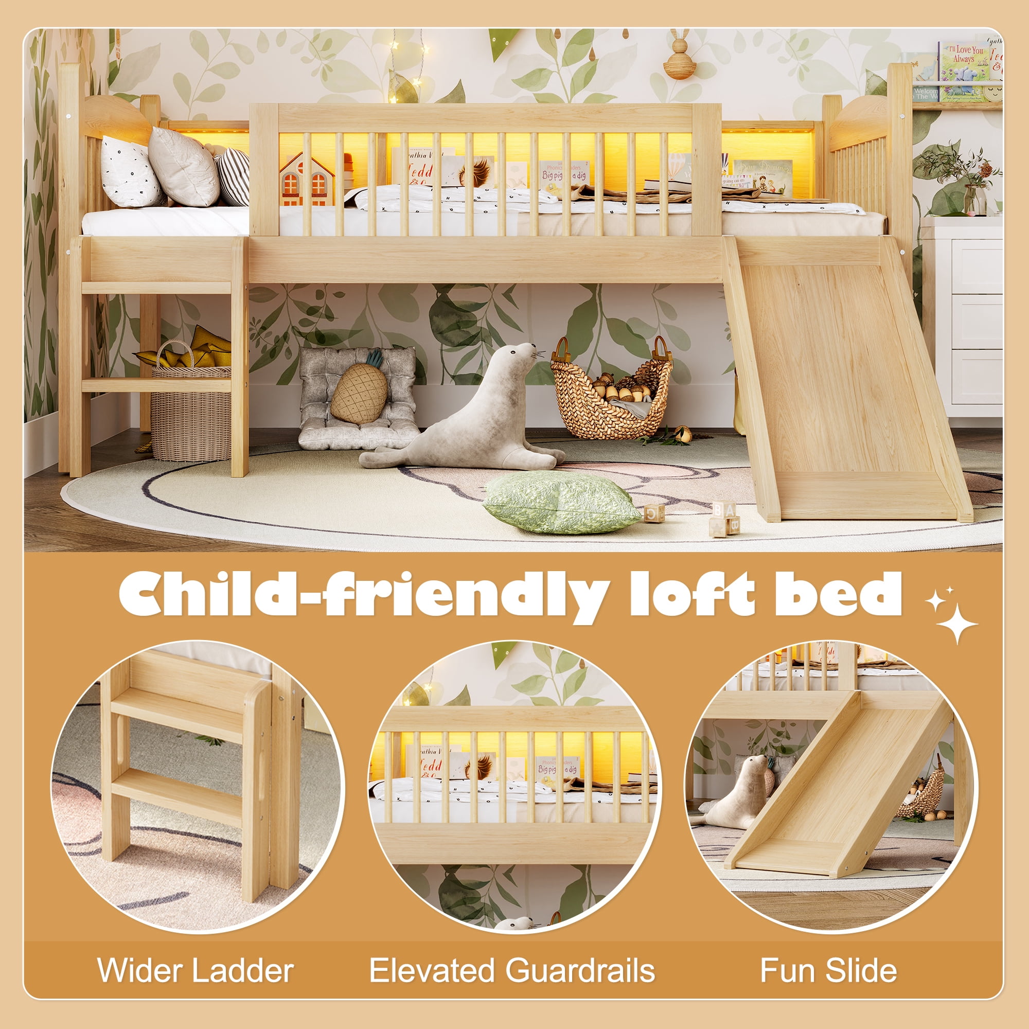 Leumius Twin XL Size Loft Bed with Slide,Solid Wood Loft Bed Frame with Storage Shelves,LED Lights and Full-length Guardrails,No Box Spring Needed,Natural