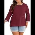 thumbnail image 3 of Blusas de 3/4 para Mujer, Elegantes, Informales, con Cuello Redondo, Holgadas y A , para Vino Tinto M, 3 of 9