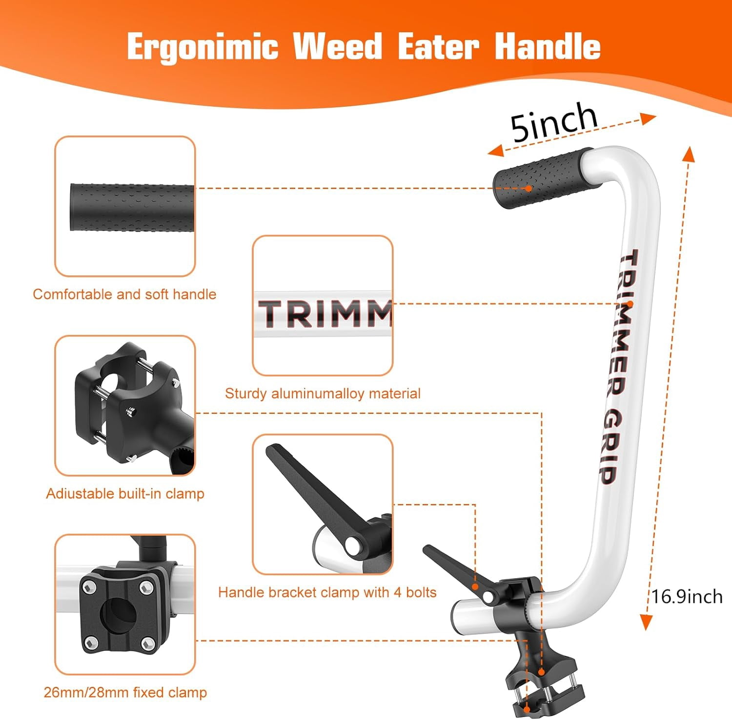 Upgraded Weed Eater Handle Extension, Ergonomic String Trimmer Grip Handle for Weed Trimmer & Weed Wacker, Adjustable Aluminum Trimmer Handle Attachment for Lawn Care