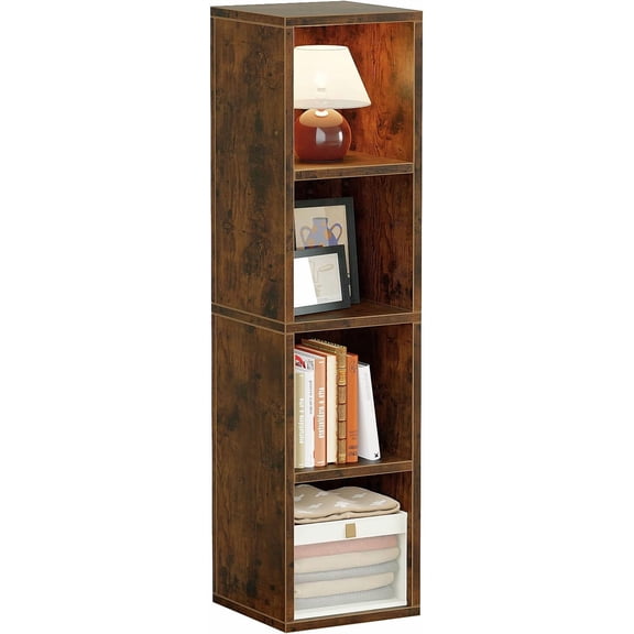 4 Cube Small Bookshelf, Narrow Storage Organizer Shelf, Wooden Corner Bookcase, Modern Thin Cubes Storage Organizer Display Shelving for Bedroom, Library, Living Room, Home, Office, Brown