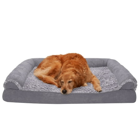 UPC: 0842229124309 | FurHaven Pet Products Two-Tone Faux Fur & Suede Cooling Gel Memory Foam Sofa-Style Pet Bed for Dogs & Cats – Stone Gray Jumbo