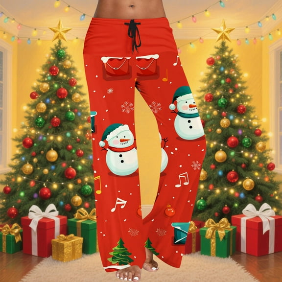 Antqov Womens Pajama Pants, Christmas Print Drawstring Slippery Straight Pants, Home Soft Comfortable Loungewear Pants