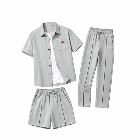 Eryao Big and Tall Mens Summer Beach Outfit Set 3 Piece Waffle Knit Short Sleeve Button Down Shirts Matching Pants and Shorts with Pockets Casual Color Block Lounge Sets,Gray,XXXL