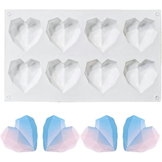 2 Pack 8 Grid Diamond Heart Shape Silicone Cake Chocolate Mold Silicone Baking Tray Mold for DIY Cake Mousse Dessert 3D Diamond Love Heart Shape Mold