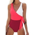 thumbnail image 1 of Women's One Piece Swimsuit Wrap Color Block Tie Side Bathing Suit, Red XL, 1 of 3