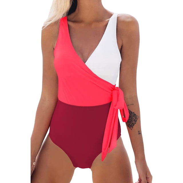 Women's One Piece Swimsuit Wrap Color Block Tie Side Bathing Suit, Red XL