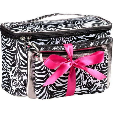 Modella Train Case Set Cosmetics Bag, Black and White Animal Print, 3 Piece