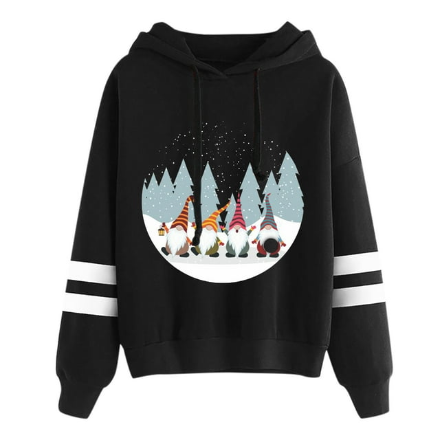 Chandail en Molleton de Noël pour Femmes à Capuche Cardigan Chaud Mignon Imprimé Pull Contrasté Blouse Col Rond Veste de Mode Mi-Longue