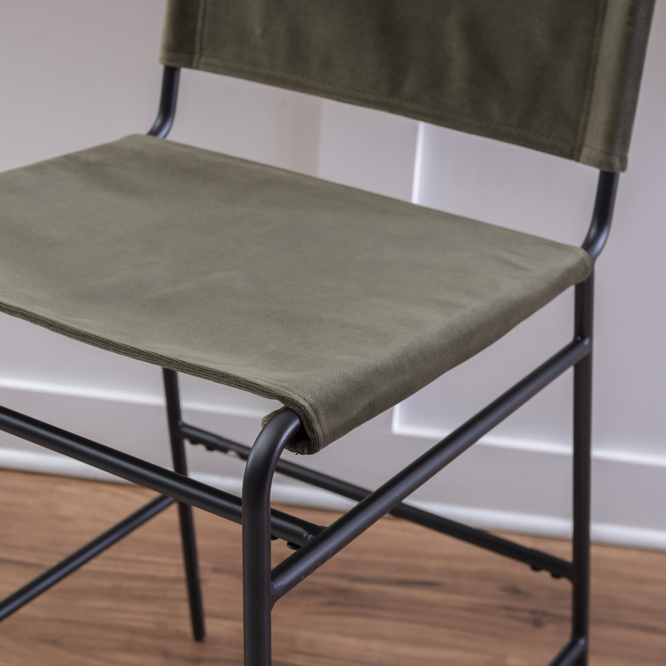Linon Willey Counter Stool Forest Green Velvet Sling Seat Steel Frame in Black