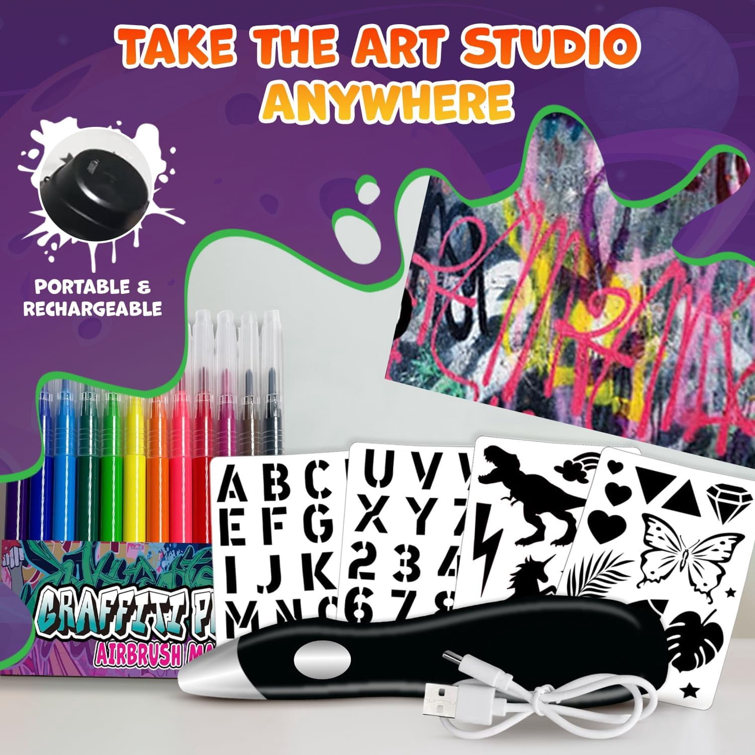 Electric Airbrush Pen, Cordless Rechargeable Electric Airbrush Sprayer, Water Colour Spray Pen, Airbrush Marker Set 12 Colors, Washable Watercolour