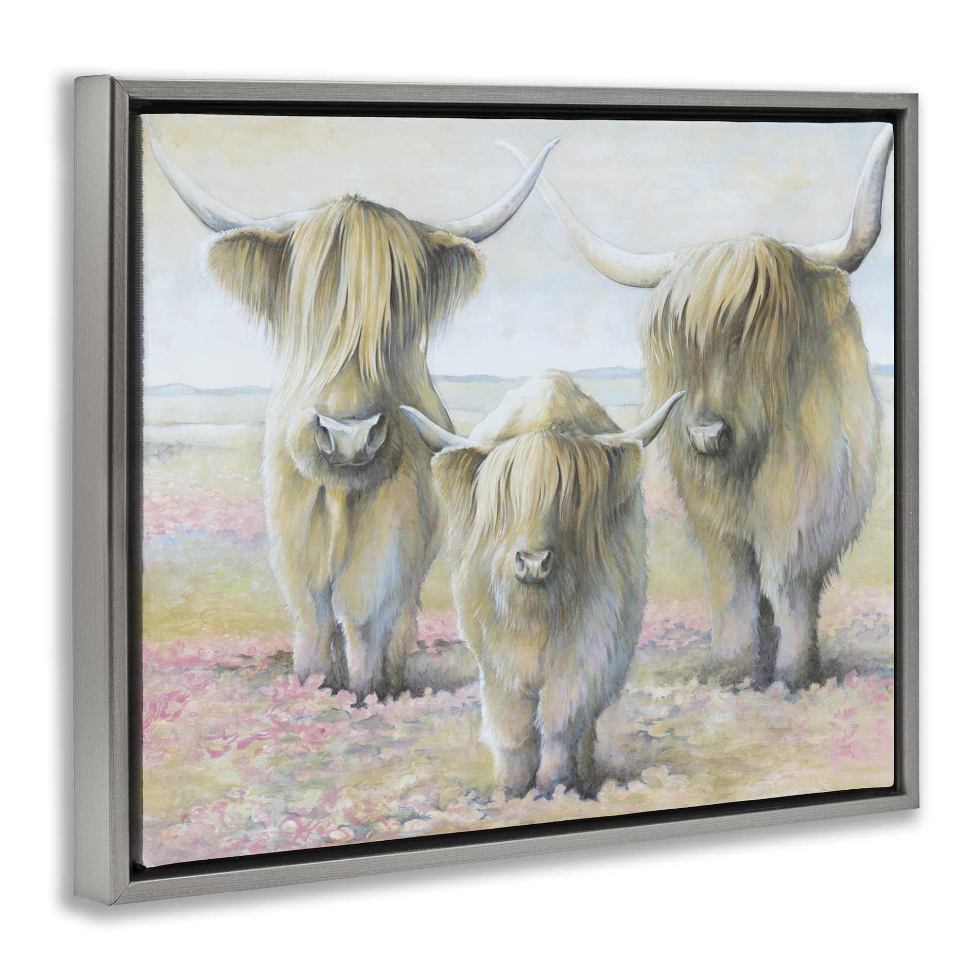 Stupell Industries Gentle Cattle Trio Animals & Insects Painting Gray Floater Framed Canvas Art Print Wall Art, 31 x 25
