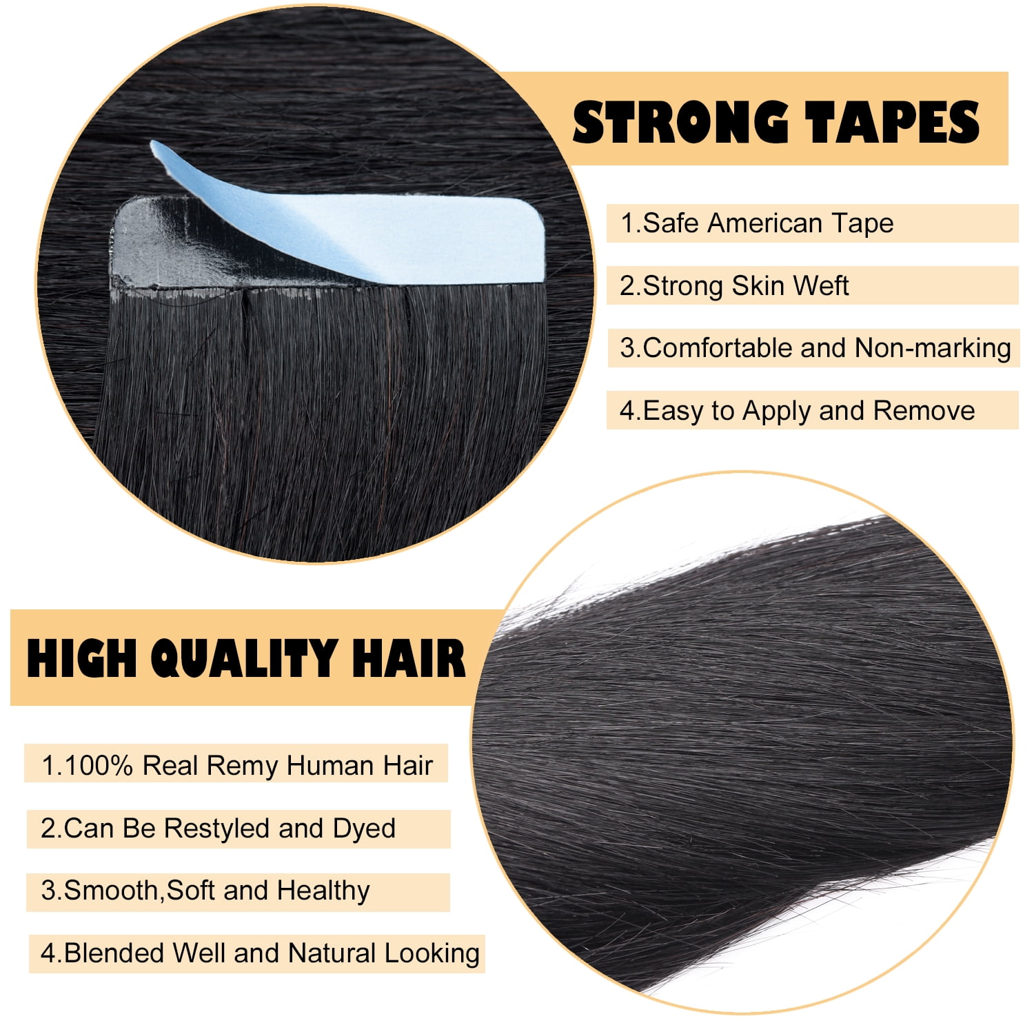 Benehair Tape In 100% Real Remy Human Hair Extensions Seamless Skin Weft Thick Glue Straight Women Black 10-20pcs 24inch
