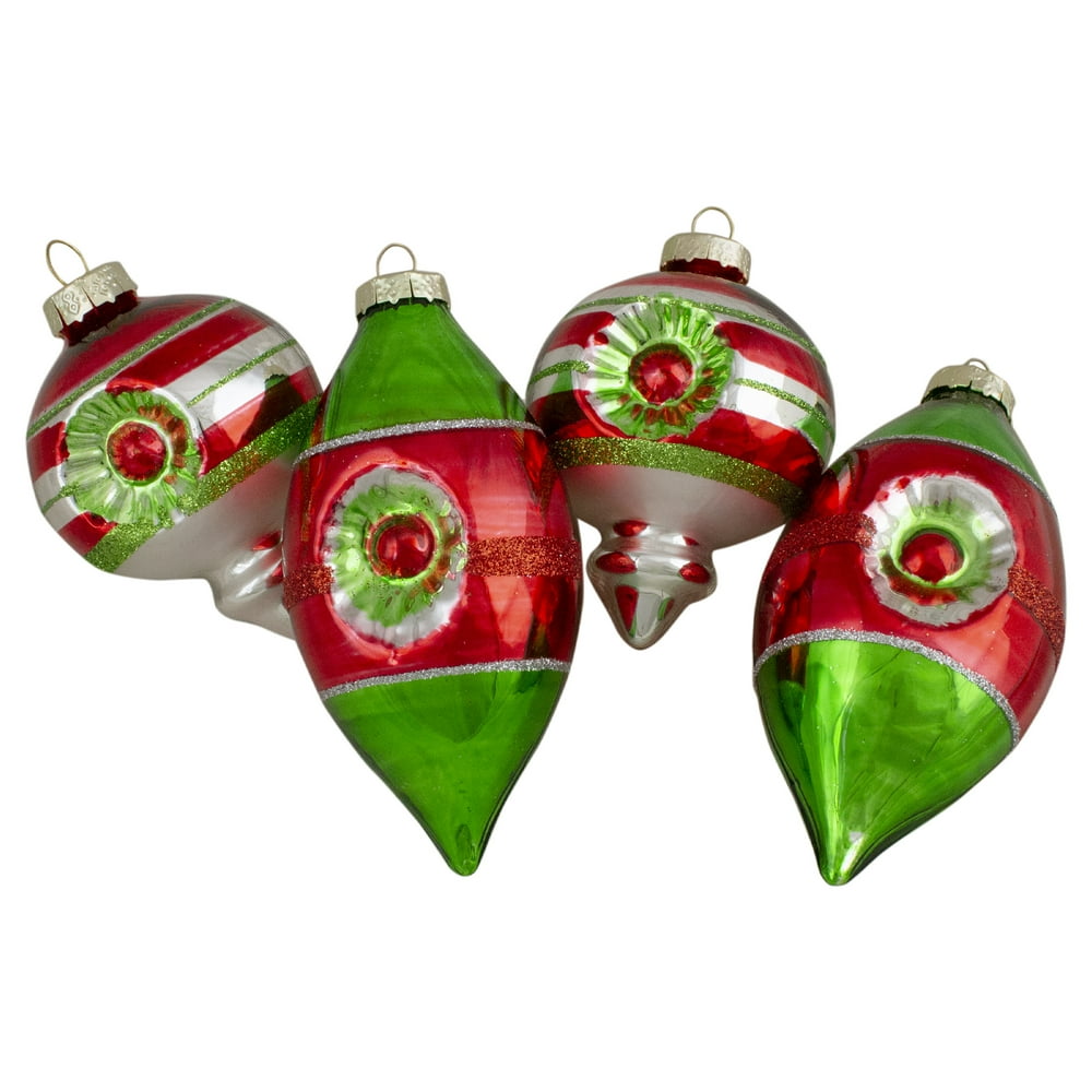 4ct Red, Green and Silver Vintage Glass Christmas Ornaments 3.25Inch