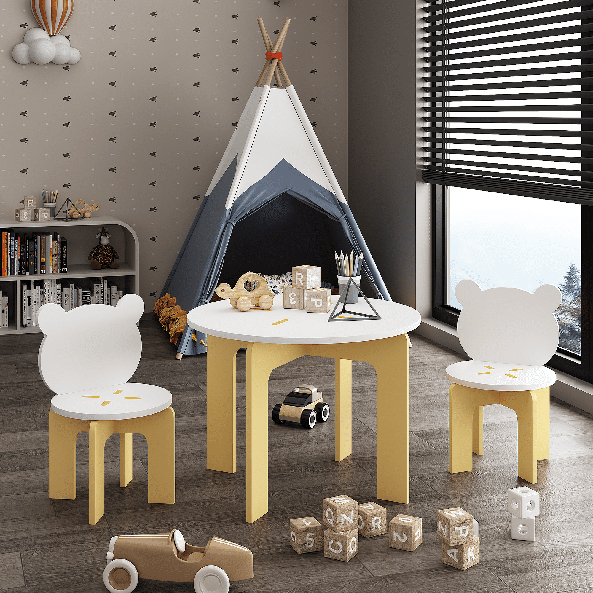 3-Piece Kids Table and Chair Set with Cute Bear-Back Chairs, Sturdy Wooden Activity Table and Play Desk for Playroom Bedroom Preschool, Yellow and White