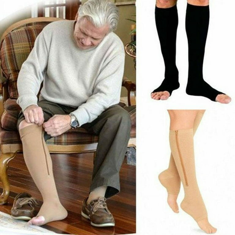 Zipper Pressure Compression Socks Support Stockings Leg - Open Toe Knee  High - 20-30mmHg - Helps Circulation, Varicose Veins, Swollen Legs, Zipper  - Nude 2X-Large Size (4 Pairs) 